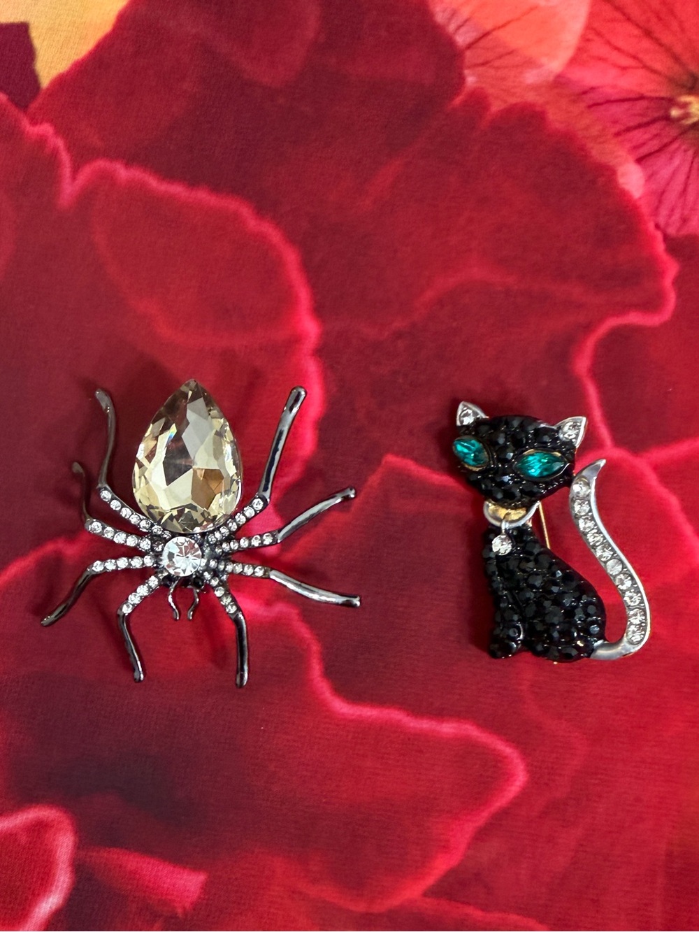 Decorative Black Cat & Spider Brooch Set - Sparkling Crystal Accents